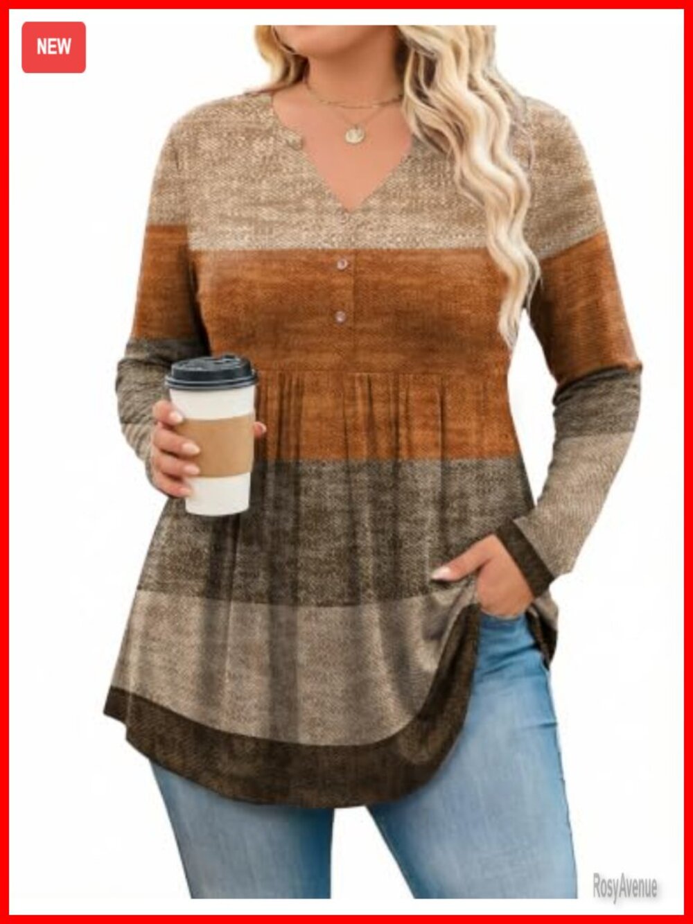 Plus Size Long Sleeve Henley V-Neck Tunic Top Flowy Blouse